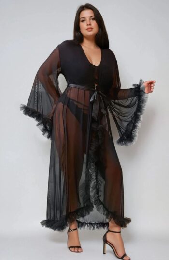 YesX YX735Q Mesh Ruffled Long Robe (Black) | Sheer Lingerie Cover-Up
